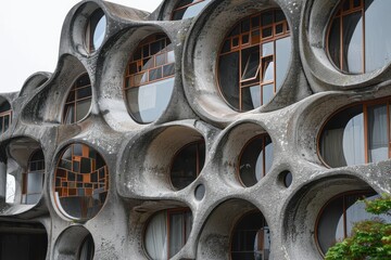 Fototapete - Unique architectural design featuring circular windows on a concrete facade in an urban setting during a cloudy day