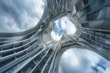Fototapete - Unique architectural design featuring circular windows on a concrete facade in an urban setting during a cloudy day