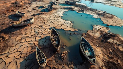 A birda??s eye view of a vast dried-up lake, its surface marked by deep fissures and abandoned boats stranded on the cracked earth.