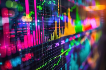 Fototapete - Vibrant stock market data visualization with colorful graphs and charts depicting financial trends and activity during the trading session
