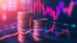 © DZMITRY - An array of stacked coins with a financial chart background at dusk depicting market growth, investments, and economic trends for business finance concepts