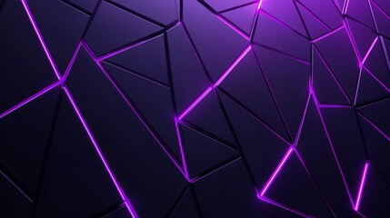 An abstract geometric 3D dark purple metallic background featuring triangles and gradient effects