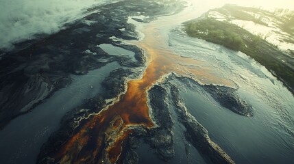 Wall Mural - Expansive shot of rivers turning toxic from industrial runoff, representing the contamination of water sources by human activities.