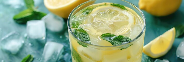 Canvas Print - Lemonade with Fresh Mint and Ice Cubes in a Glass, Selective Focus