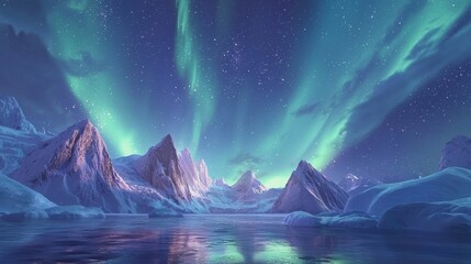 The majestic Arctic landscape is framed by snow-covered mountains and a starry night sky and is surrounded by magnificent northern lights