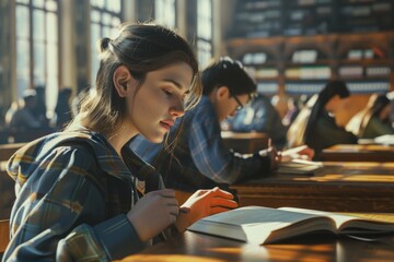 Wall Mural - A person sitting at a table with an open book, perfect for education, research or literature illustrations