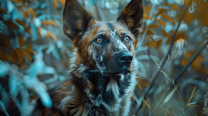 A close-up view of a dog in a lush green field, with blades of grass visible