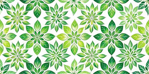 A minimalist, geometric pattern featuring stylized botanical forms in shades of green, from tender shoots to lush foliage, arranged in a repeating sequence to symbolize the never-ending cycle of life