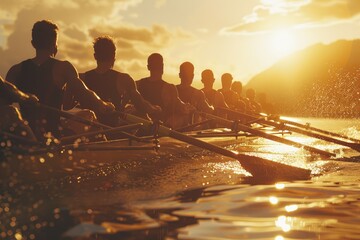 Wall Mural - Group of people rowing on calm body of water, scenic view