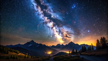 Dramatic Milky Way galaxy scenery with breathtaking starry night sky, sharp silhouettes of mountains, and faint moonlight casting eerie shadows.