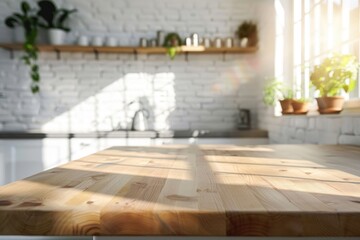 Poster - A wooden countertop in a kitchen with a window nearby, perfect for natural light and a cozy atmosphere