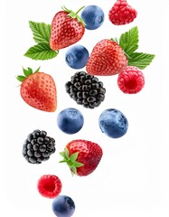 Falling wild berries mix, strawberry, raspberry, blueberry, blackberry, isolated on white background, full depth of field
