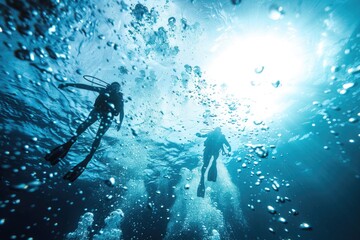 Wall Mural - Two individuals enjoying a swim together in calm waters