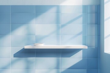 Wall Mural - A simple bathroom interior featuring blue tiles and a white shelf