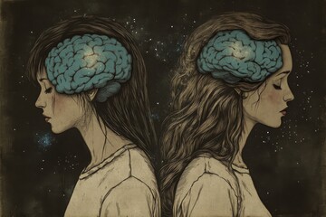 Canvas Print - Brain resilience Encephalon Surreal double exposure illustration of two women with brain patterns symbolizing introspection duality and shared intellectual thought processes