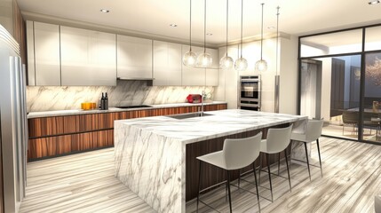 Wall Mural - Modern kitchen with marble countertops, sleek cabinets, and pendant lighting