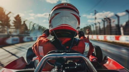 A person wearing a red jacket rides a red motorcycle, with a blurred background