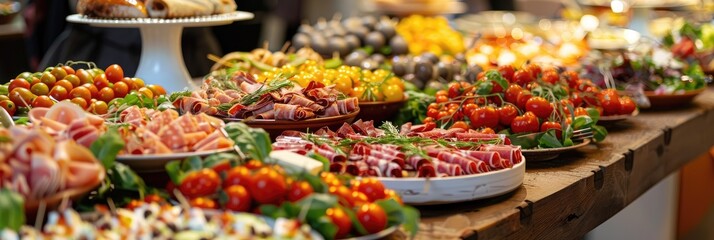 Poster - Elegant banquet display showcasing a variety of delicious appetizers, including canap�s, salads, and charcuterie, suitable for a celebration or formal gathering.