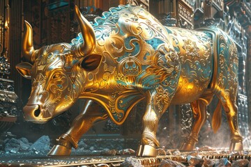 A golden bull statue stands outside a modern building, symbolizing prosperity and wealth