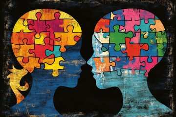 Canvas Print - Neural efficiency Mind Conceptual illustration of a couple in profile with puzzle heads symbolizing emotional bonding and intellectual problem solving