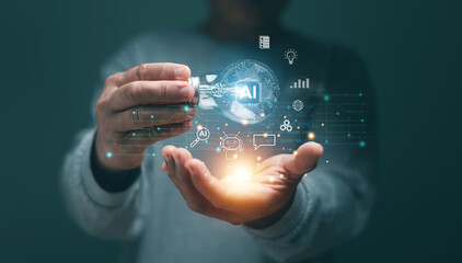 Poster - Artificial Intelligence concept, Innovative AI technology for business, Businessman holding lightbulb with Ai and icon of financial technology and business administration.