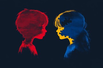 Canvas Print - Neural agility Intellect Silhouette profiles of two faces in contrasting red and blue light reflecting duality and human connection