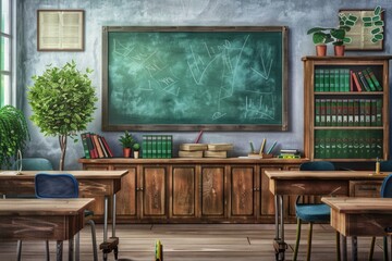 A traditional classroom setting with rows of desks and a chalkboard for teaching