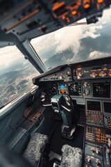 Wall Mural - A view from inside a commercial airplane cockpit, showing controls and instruments