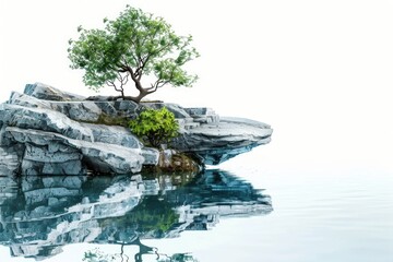 A single tree stands alone on a rocky outcropping in the middle of the water