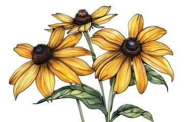 Wall Mural - A simple drawing of three bright yellow flowers with green leaves