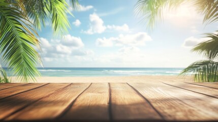 Tropical Beach View with Wood Table