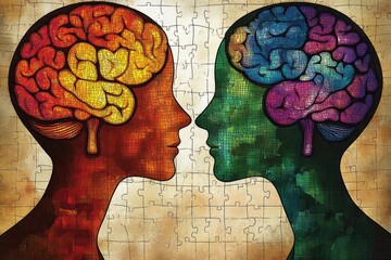 Wall Mural - Brain resilience Neural tissue Multicolored brain puzzle illustration of two human profiles facing each other symbolizing communication and intellectual exchange