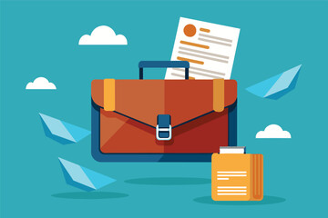 Fototapete - A colorful illustration of a briefcase surrounded by letters and clouds, emphasizing communication and organization in a creative digital environment