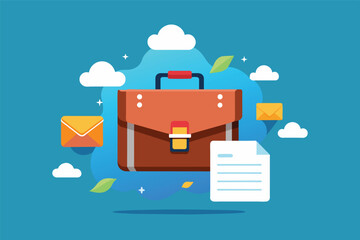 Fototapete - A colorful illustration of a briefcase surrounded by letters and clouds, emphasizing communication and organization in a creative digital environment
