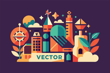 Poster - Colorful vector illustration representing various elements of design, technology, and creativity, featuring building icons, trees, and abstract shapes