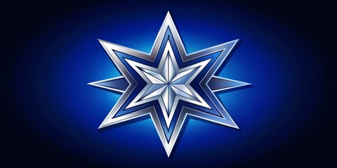 A dramatic, seven-pointed star with sharp, jagged lines and a bold, graphic design on a deep, rich blue background