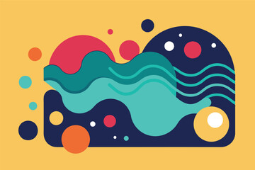 Leinwandbilder - Colorful abstract design featuring vibrant waves and circular shapes against a bright yellow background, creating a playful visual composition