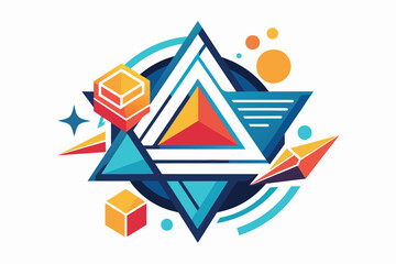 Leinwandbilder - Abstract geometric design featuring colorful shapes and patterns, including triangles and cubes in vibrant shades against a modern background