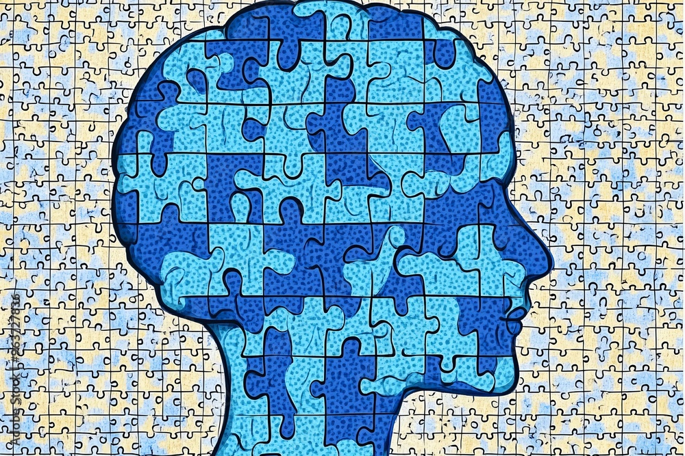 Cognitive power Neural tissue Blue and white puzzle head pattern ...