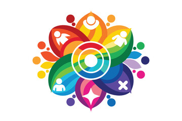 Poster - A vibrant, multicolored mandala design featuring symbolic figures and shapes representing inclusion, connection, and diversity in a modern artistic style