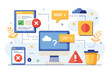 © SaroStock - A digital illustration depicting a computer monitor surrounded by various notifications, icons, and error messages, representing a troubleshooting scenario in a modern workspace