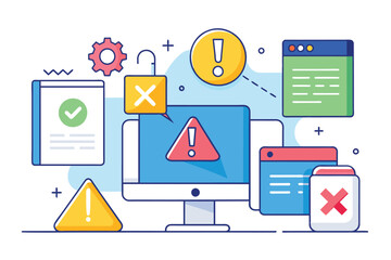 Aufkleber - A digital illustration depicting a computer monitor surrounded by various notifications, icons, and error messages, representing a troubleshooting scenario in a modern workspace