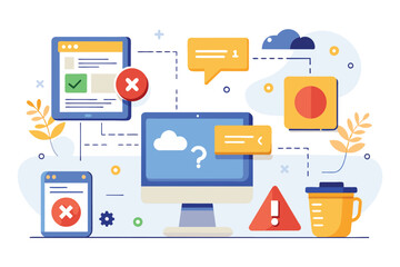Aufkleber - A digital illustration depicting a computer monitor surrounded by various notifications, icons, and error messages, representing a troubleshooting scenario in a modern workspace