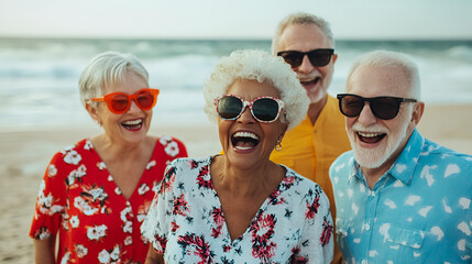 Happy Senior Friends Laughing on Beach Vacation, Summer Fun Retirement Lifestyle