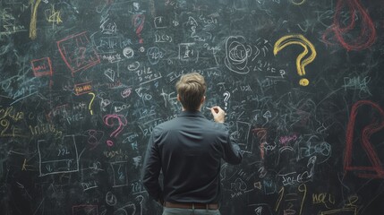 A focused man stands confidently at a large blackboard filled with notes and diagrams, methodically refining his ambitious business plan with fervent enthusiasm and intense concentration