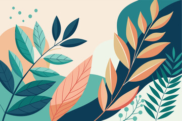 Poster - Vibrant illustration of various leaves and plants set against a soft background, showcasing nature's beauty and harmony in a modern artistic style