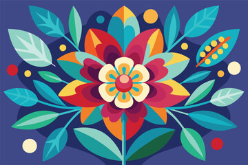 Wall Mural - Colorful illustrated flower arrangement with various shapes and shades set against a vibrant teal background, conveying a cheerful and artistic atmosphere