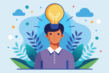 Poster - A young person with a light bulb above their head, symbolizing creativity and innovation, set against a vibrant blue background