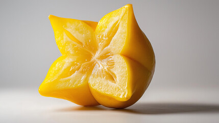 a cut starfruit showing its unique star shape and glossy yellow surface against an isolated white background