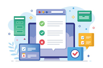 Poster - A digital workspace showcasing an organized checklist with green and red markers, highlighted notes, and various UI elements designed for productivity in a modern office environment